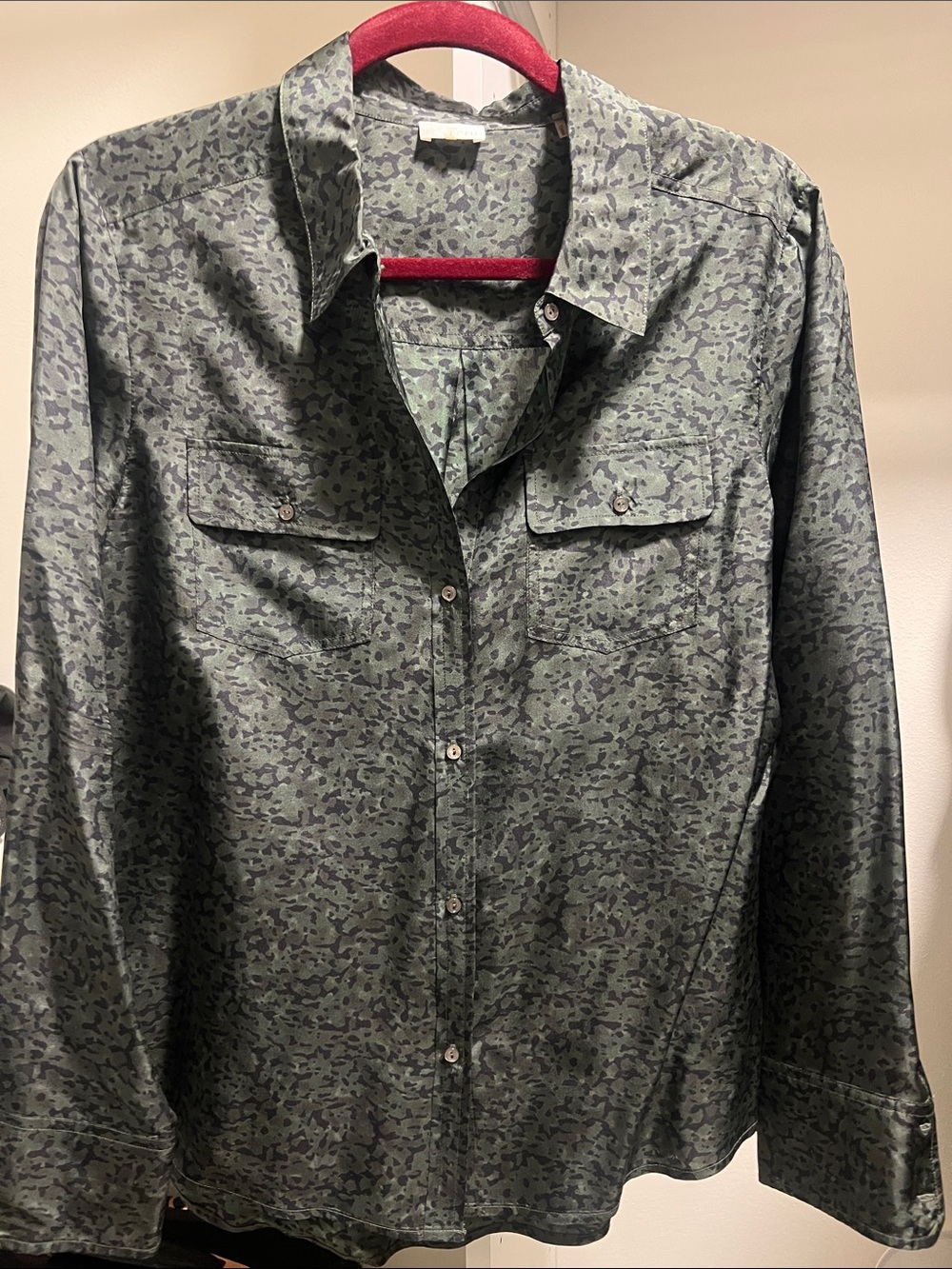 Women's Long Sleeve Silk Button-Up Blouse in Olive Green Camo Print